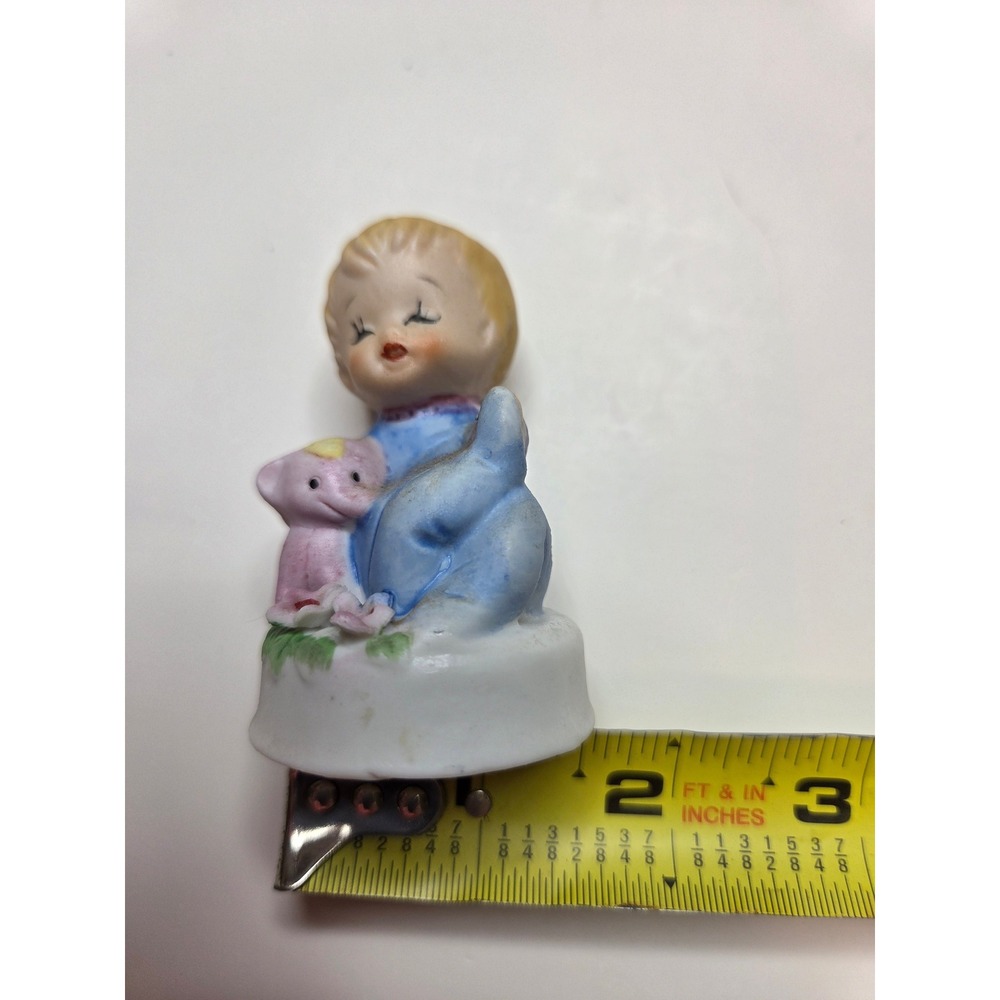 Vintage Porcelain Little Boy with Pink Elephant Figurine Blue Pajamas Bisque